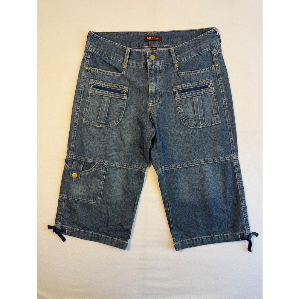 Y2K‎ Gorpcore Lee Womens 10P Cargo Capri Pants Blue Denim Utility Drawstring Low